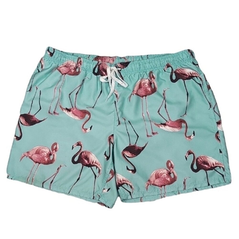 City Streets Flamingo Print Swim Shorts Mens Size XXL Beach Vacation Blue Pink
